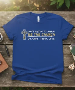 Christian t-shirt with "DON'T JUST GO TO CHURCH. BE THE CHURCH. Do. Give. Teach. Love." quote and Celtic cross graphic