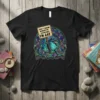 Black t-shirt with a stained-glass style design featuring a frog holding a sign that says "Don't Know Where I'm Going