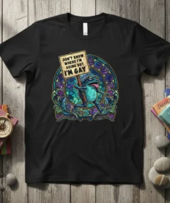 Black t-shirt with a stained-glass style design featuring a frog holding a sign that says "Don't Know Where I'm Going