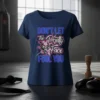 Don't Let the Pretty Face Fool You quote in bold blue and pink typography on a navy t-shirt, with a