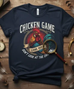 Don't Look At The Chicken Game Over T-Shirt with a detailed rooster graphic and vintage style text