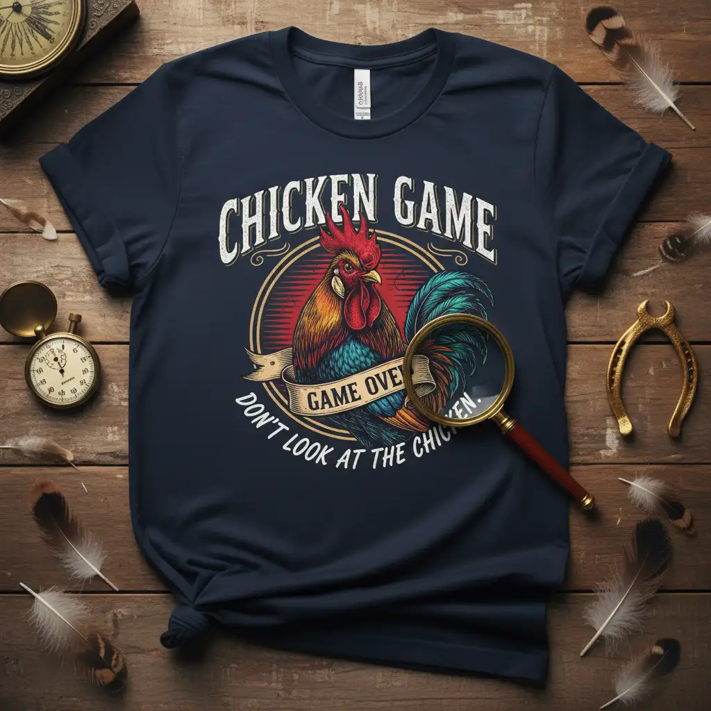 Vintage style Don't Look At The Chicken Game Over T-Shirt featuring a detailed rooster illustration