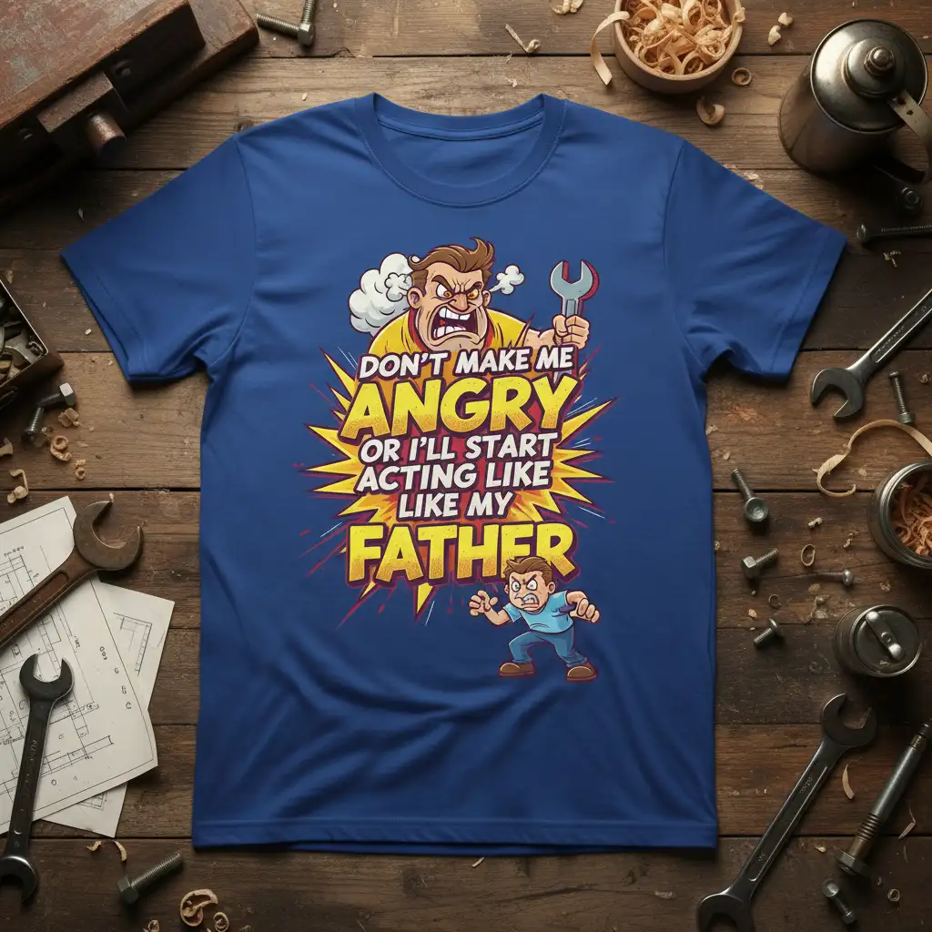 Don't Make Me Angry Or I'll Start Acting Like My Father humorous quote t-shirt design with cartoon father and son