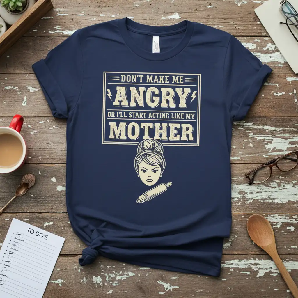 Don't Make Me Angry Or I'll Start Acting Like My Mother quote on a navy blue t-shirt with distressed vintage typography and