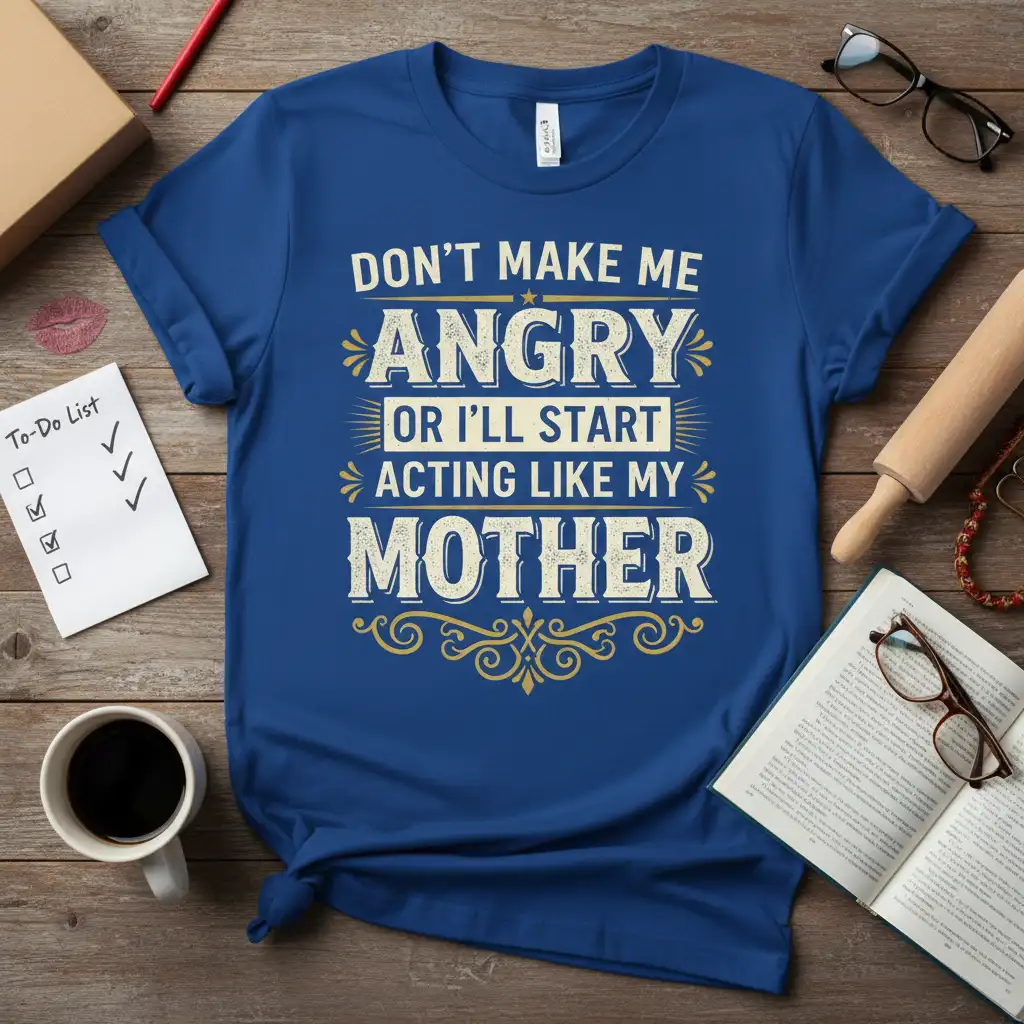 DON'T MAKE ME ANGRY OR I'LL START ACTING LIKE MY MOTHER quote on a blue t-shirt with distressed vintage lettering