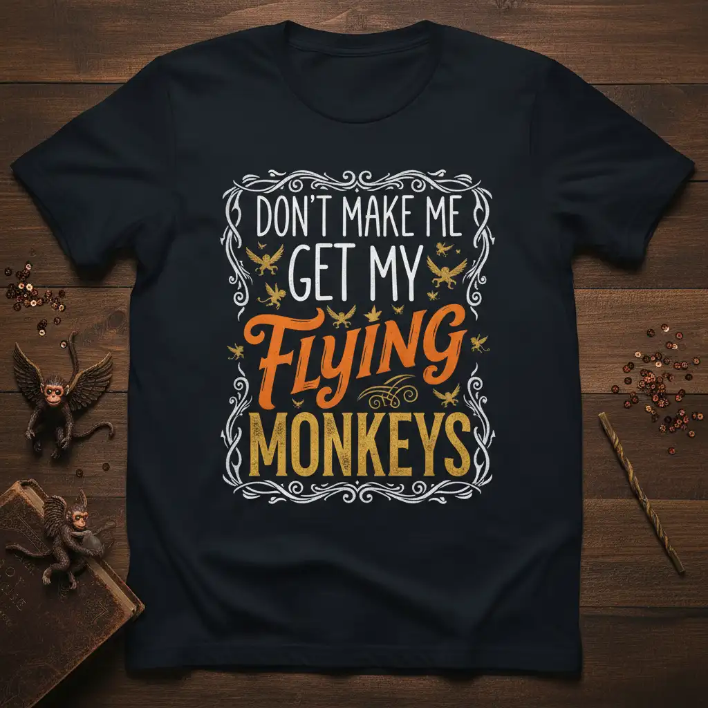 DON'T MAKE ME GET MY FLYING MONKEYS quote design with vintage flair and flying monkey accents
