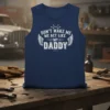 Don't Make Me Me Act Like My Daddy text with wings graphic on navy tank top