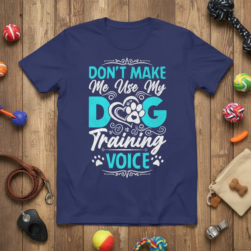DON'T MAKE Me Use My DOG Training VOICE quote on a navy blue t-shirt with paw print heart graphic