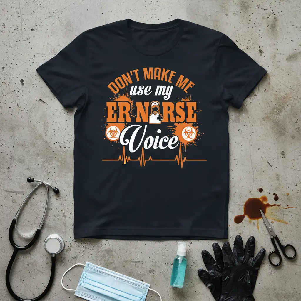 DON'T MAKE ME use my ER NURSE Voice quote on a dark t-shirt with nurse and biohazard graphics