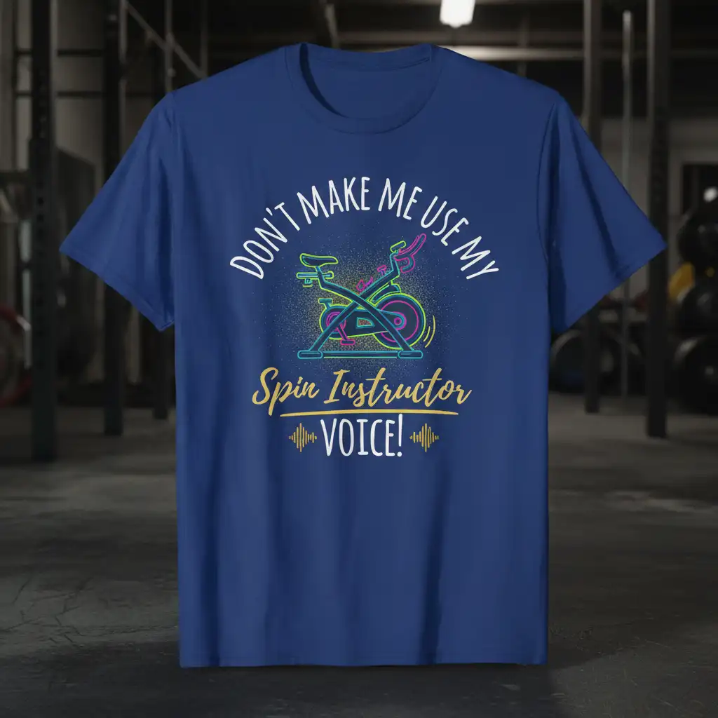 DON'T MAKE ME USE MY Spin Instructor VOICE quote with a neon spin bike illustration on a t-shirt