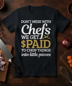 T-shirt with "DON'T MESS WITH Chefs WE GET $PAID TO CHOP THINGS into little pieces" quote in white and gold