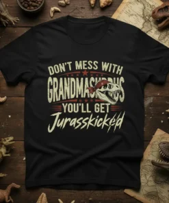 T-shirt with "Don't Mess With Grandmasaurus You'll Get Jurasskicked" text and a dinosaur skull graphic
