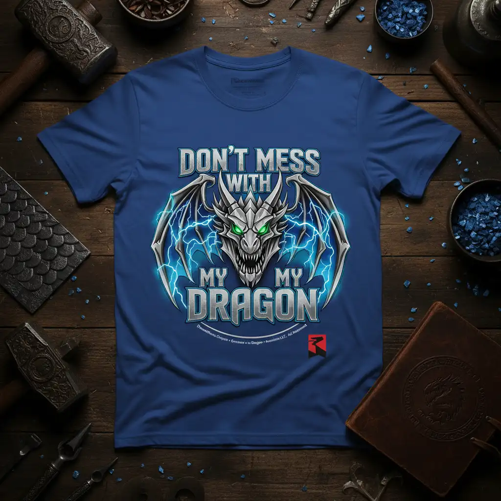 Don't Mess With My Dragon quote t-shirt with a powerful dragon and lightning bolt graphic