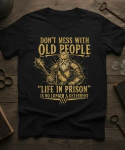 Funny quote t-shirt "Don't Mess With Old People 'Life In Prison' Is No Longer A Deterrent" featuring a warrior elder