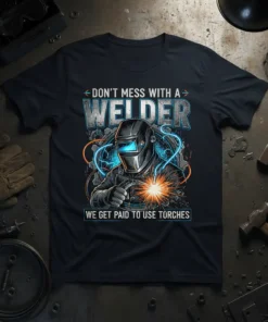 Don't Mess With A Welder We Get Paid To Use Torches T-Shirt featuring a graphic of a welder at work
