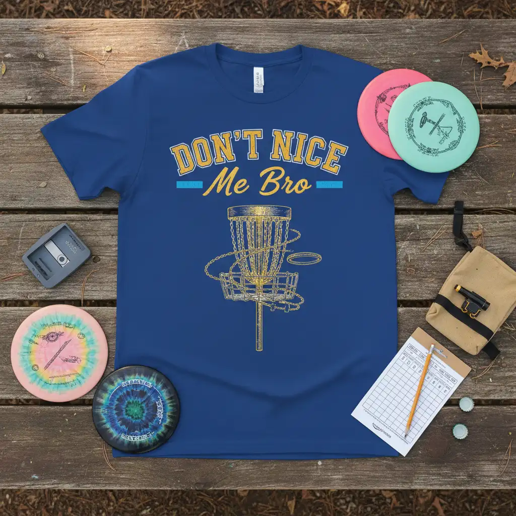 DON'T NICE Me Bro humorous quote on a blue disc golf t-shirt with basket graphic