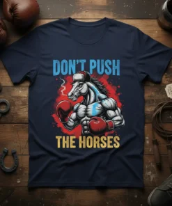 Don't Push The Horses t-shirt design featuring a muscular boxer horse wearing red gloves and a Santa hat