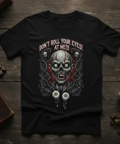 Black t-shirt with "Don't Roll Your Eyes! At Me!!!" text above a detailed zombie graphic with dripping eyeballs