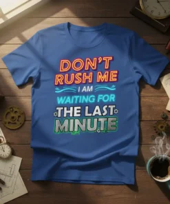 T-shirt with the quote "DON'T RUSH ME I AM WAITING FOR THE LAST MINUTE" in neon-style lettering