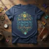 T-shirt with the quote "Don't Rush Me I'm Waiting for the Last Last Minute" in decorative typography, featuring clocks and