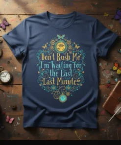 T-shirt with the quote "Don't Rush Me I'm Waiting for the Last Last Minute" in decorative typography, featuring clocks and