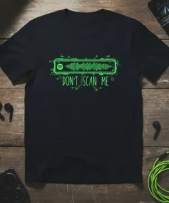 Black t-shirt with neon green "DON'T SCAN ME" text and a Spotify code graphic