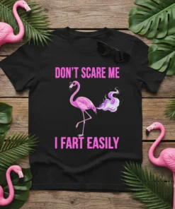 Black t-shirt with pink text "DON'T SCARE ME I FART EASILY" and a graphic of a flamingo with colorful smoke