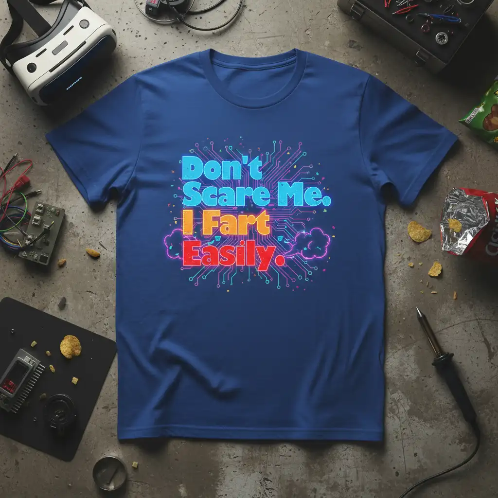 Don't Scare Me. I Fart Easily. humorous quote with neon circuit board graphic on a blue t-shirt