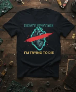 Black t-shirt with "Don't Spot Me I'm Trying To Die" text and a stylized anatomical heart graphic