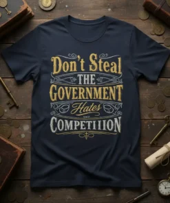 Navy t-shirt with distressed gold and white text reading "Don't Steal THE GOVERNMENT Hates COMPETIIION" in decorative font