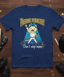 Freddie Purrcury cat wearing a white tank top and red belt, singing into a microphone with "Don't stop meow" text