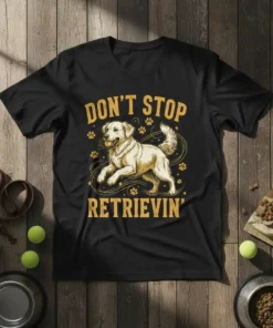 Don't Stop Retrievin' Golden Retriever graphic t-shirt with paw prints and playful dog illustration