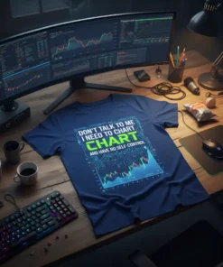 T-shirt with "DON'T TALK TO ME I NEED TO CHART CHART AND HAVE NO SELF-CONTROL" text and stock market chart