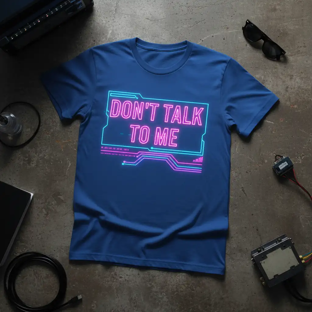 Don't Talk To Me neon sign text with cybernetic circuit board graphic on a blue t-shirt