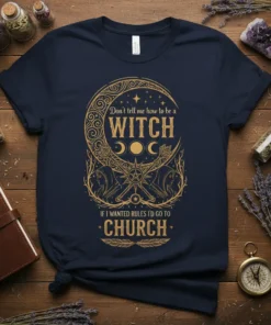 Don't tell me how to be a WITCH IF I WANTED RULES I'D GO TO CHURCH text on a navy