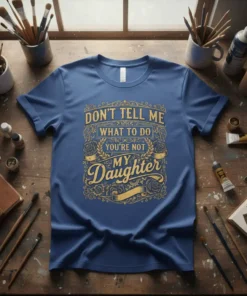 DON'T TELL ME WHAT TO DO YOU'RE NOT MY Daughter quote on a blue t-shirt with ornate golden floral border