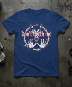 Don't Touch Me Wolf T-Shirt design with a fierce wolf, barbed wire, and outstretched hands. Features red eyes and white