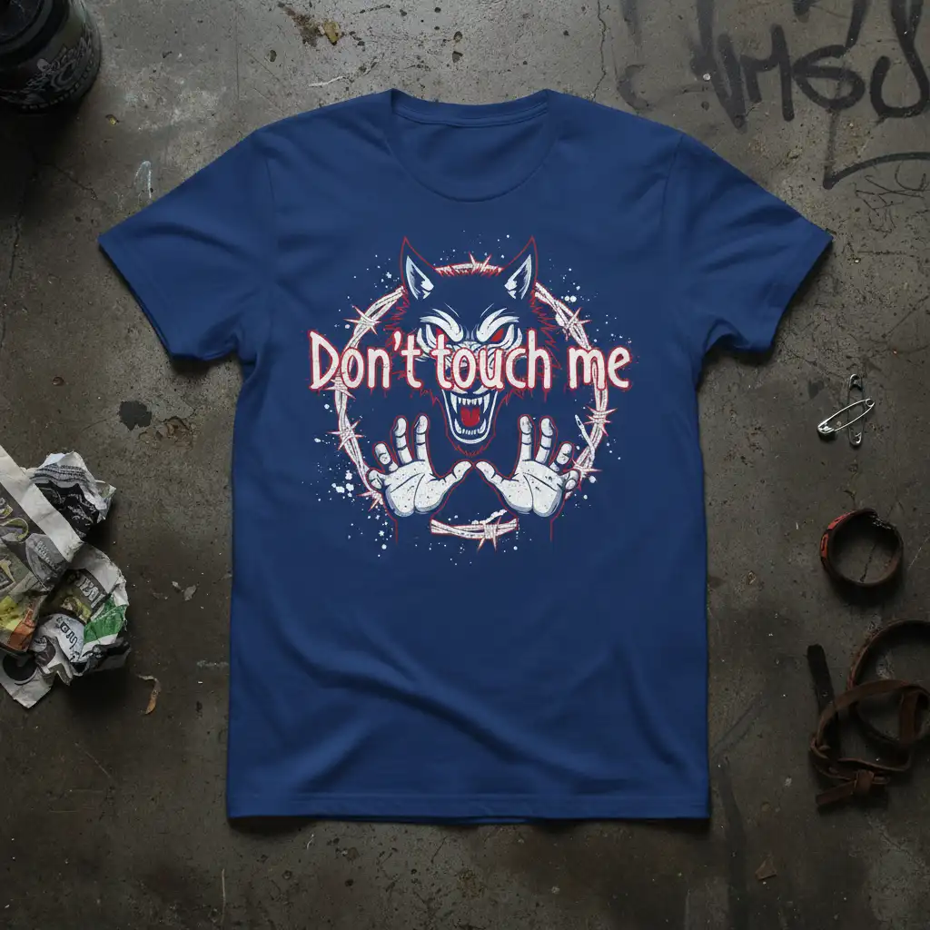 Don't touch me quote t-shirt featuring a fierce wolf and barbed wire graphic with outstretched hands