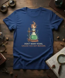 T-shirt with text "DON'T WANT NONE, UNLESS YOU GOT BUNSEN." above a science lab flask graphic with flames