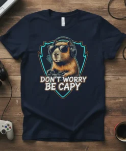 Don't Worry Be Capy humorous quote t-shirt featuring a capybara wearing headphones and sunglasses, playing a video game