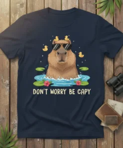 Don't Worry Be Capy t-shirt design with a capybara wearing sunglasses and rubber ducks