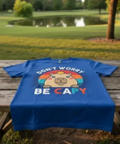 Blue t-shirt with "Don't Worry Be Capy" text and a cute capybara graphic in a retro sunset circle