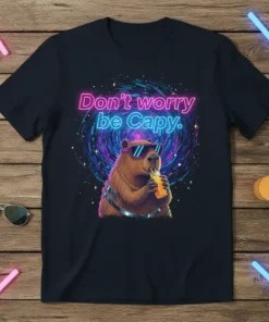Don't worry be Capy. text with a cool capybara wearing sunglasses and drinking from a straw, surrounded by colorful cosmic