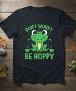 Don't Worry Be Hoppy text with a cute cartoon frog sitting on lily pads, green and white design