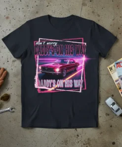 Don't Worry Daddy's On His Way text with retro red Mustang on a dark t-shirt