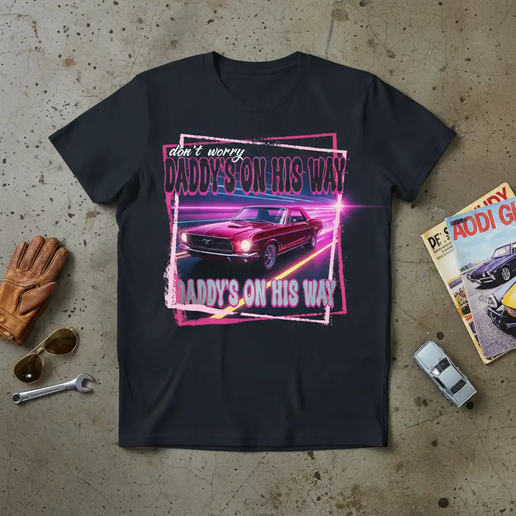 Don't worry Daddy's On His Way text and retro red Mustang graphic on a t-shirt