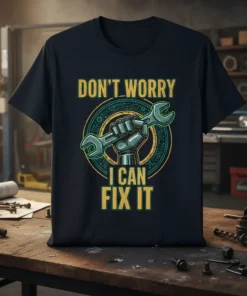 Don't Worry I Can Fix It t-shirt featuring a robot hand holding a wrench within a circular gear design