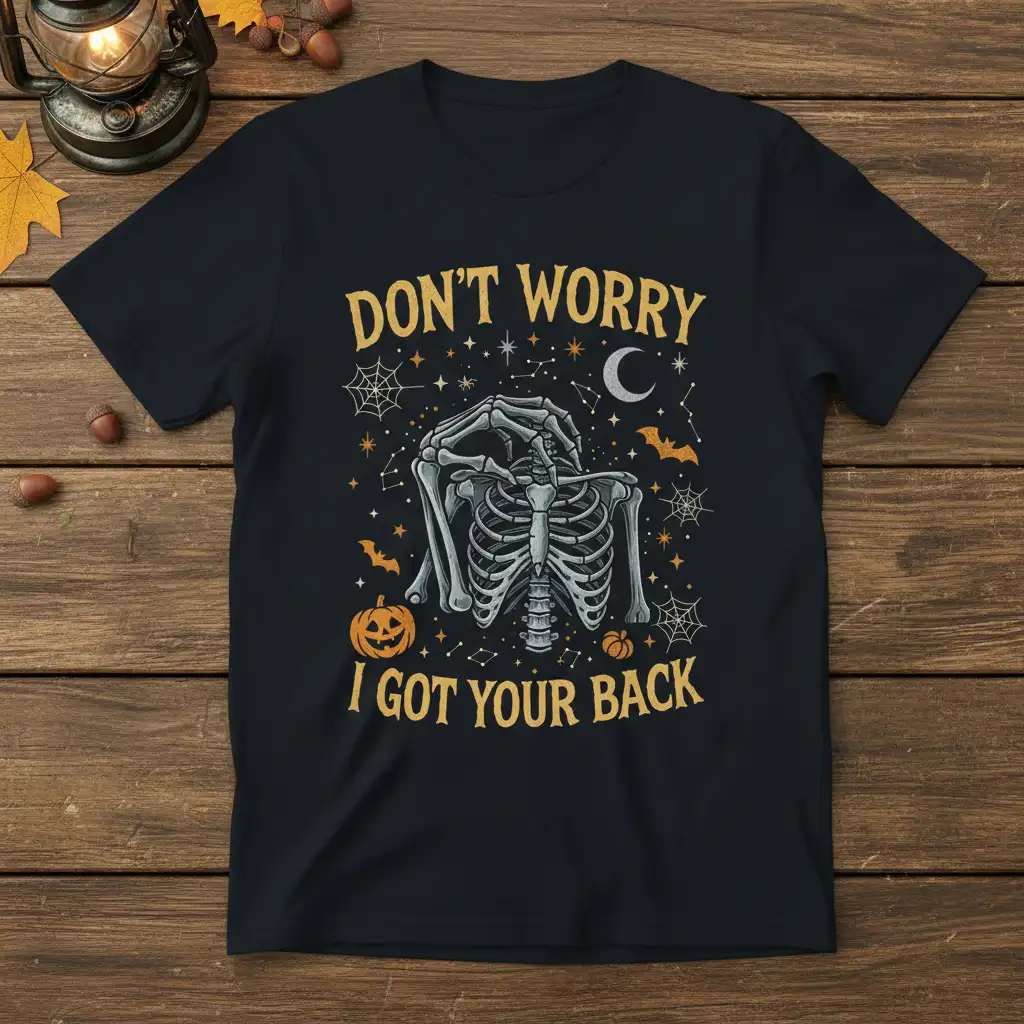 Don't Worry I Got Your Back funny skeleton Halloween quote t-shirt design with moon and bats
