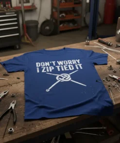 Don't Worry I Zip Tied It t-shirt featuring white text and a zip tie knot graphic on a navy blue