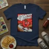 Don't Worry I'll Ketchup! text with a running cartoon tomato graphic on a navy t-shirt